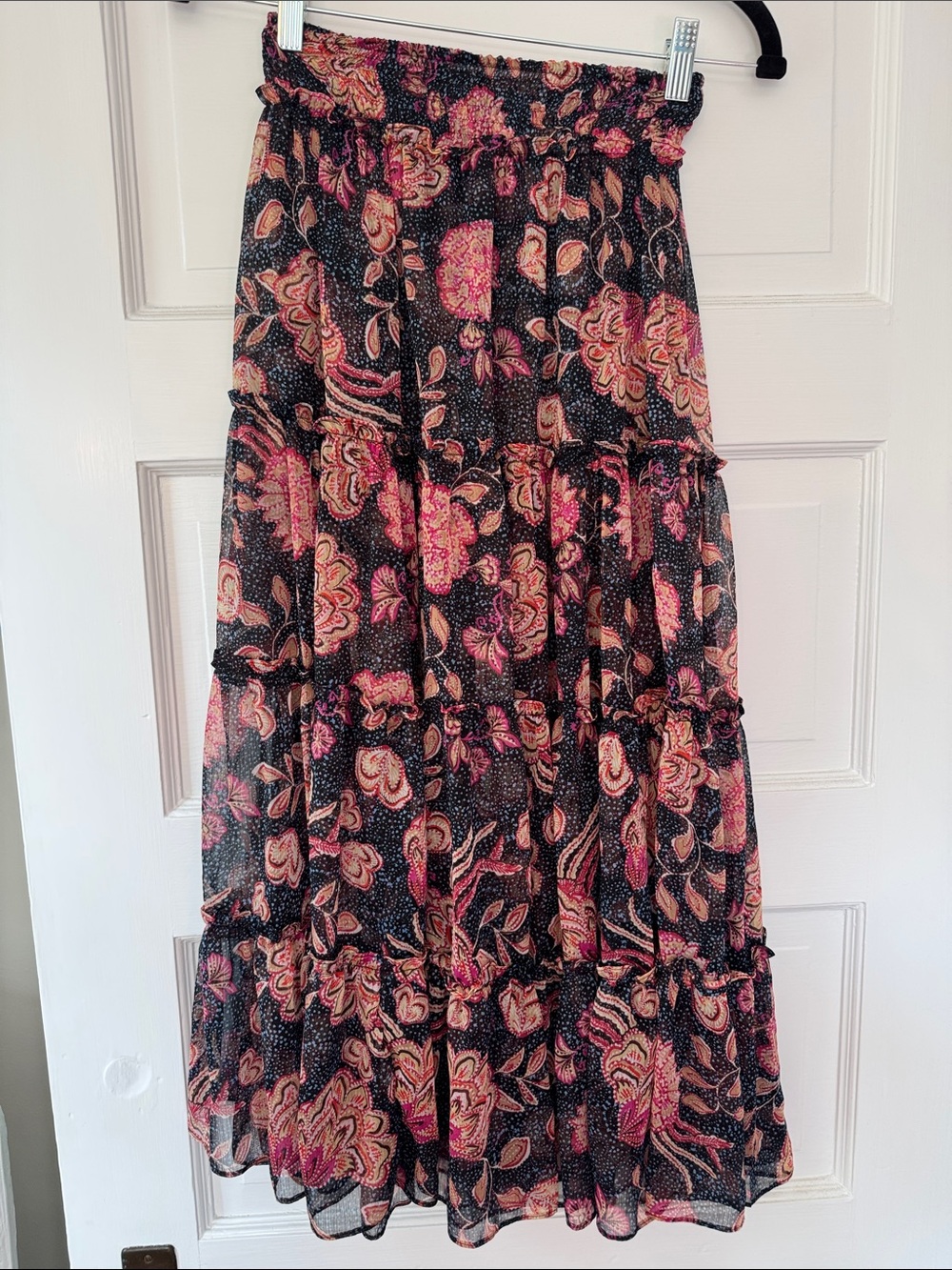 Misa Los Angeles Black Tiered Midi Skirt with Pink Floral Print